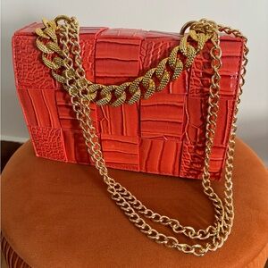 Orange Croc-Embossed Chain Shoulder Bag
